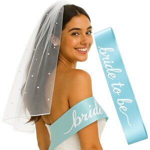 🆕 Women Blue Sash Veil Bachelorette Party Bridal Shower Decorations Accessories